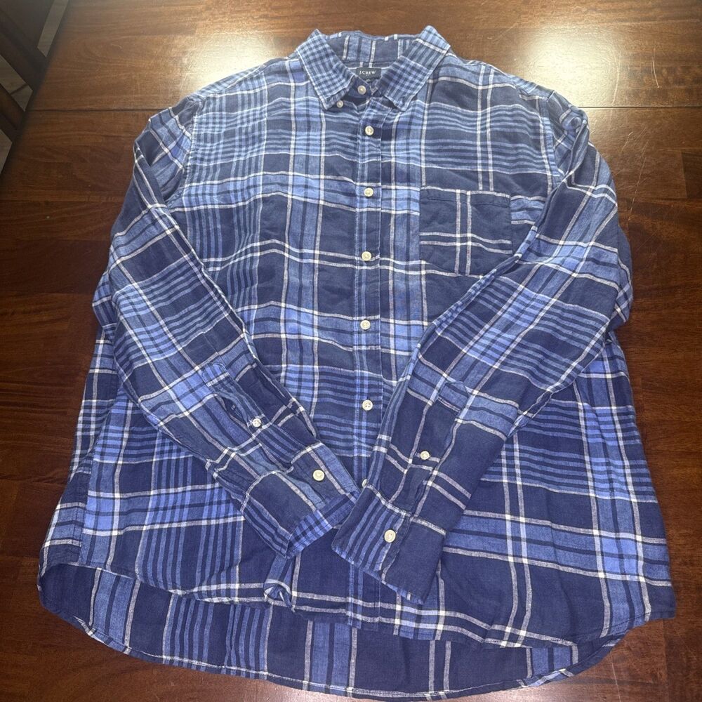 JCrew 100% Linen Mens XL Long Sleeve Blue Plaid Pocket Button Down Shirt Casual